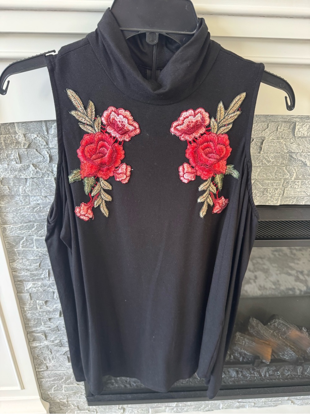 Karen Kane Mock Neck Top Black Sleeveless with Red Rose Embroidery